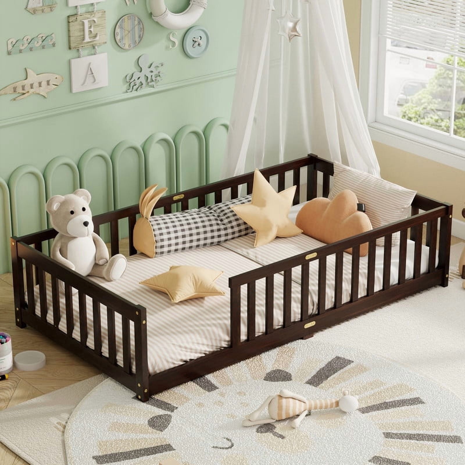 Mirightone Twin Size Floor Bed, Wood Montessori Floor Beds with Fence Railings and Slats Support, Twin Playhouse Bed Frame, No Box Spring Needed, (Espresso)