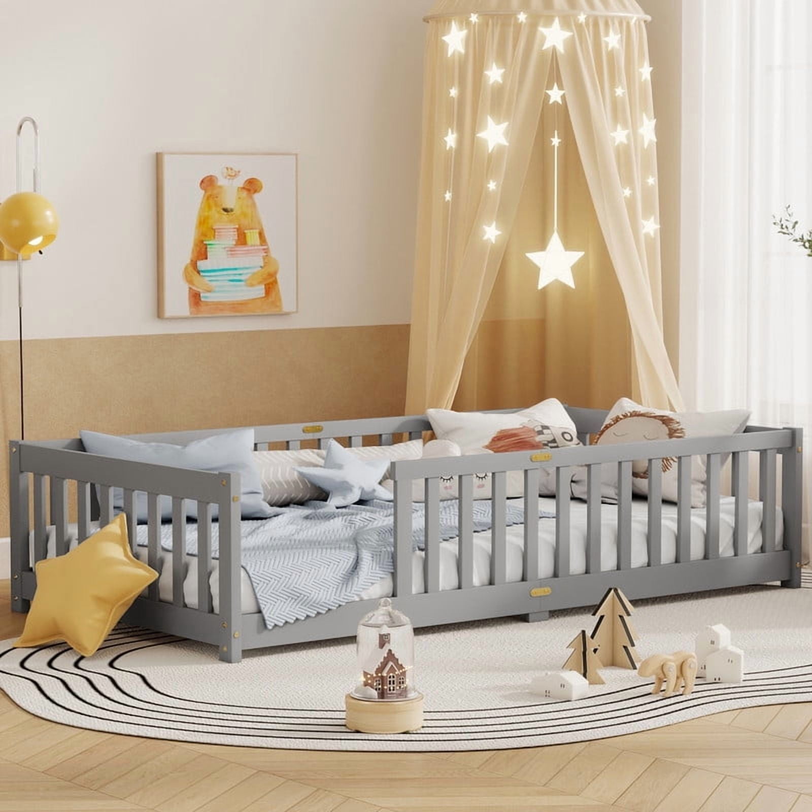 Mirightone Twin Size Floor Bed, Wood Montessori Floor Beds with Fence Railings and Slats Support, Twin Playhouse Bed Frame, No Box Spring Needed, (Grey)