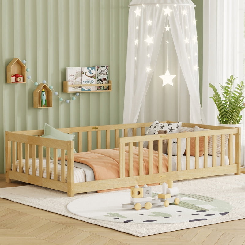 Mirightone Twin Size Floor Bed, Wood Montessori Floor Beds with Fence Railings and Slats Support, Twin Playhouse Bed Frame, No Box Spring Needed, (Natural)
