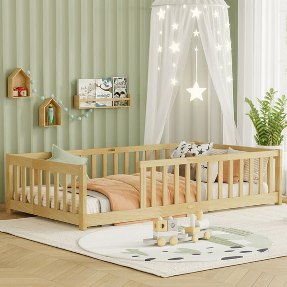 Mirightone Twin Size Floor Bed, Wood Montessori Floor Beds with Fence Railings and Slats Support, Twin Playhouse Bed Frame, No Box Spring Needed, (Natural)