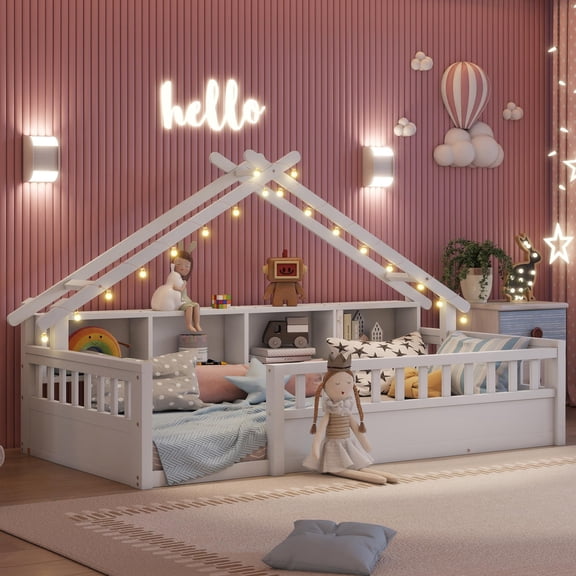 Mirightone Twin Size Floor Bed with Storage Bookshelves & LED Light - Wooden Montessori Bed Frame with High Safety Rails, Roof Shape, No Box Spring Needed, White
