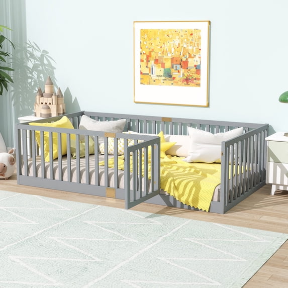 Mirightone Twin Size Floor Bed, Wood Montessori Floor Beds with High Fence Railings, Door & Slats Support, Twin Playhouse Bed Frame, No Box Spring Needed, Grey