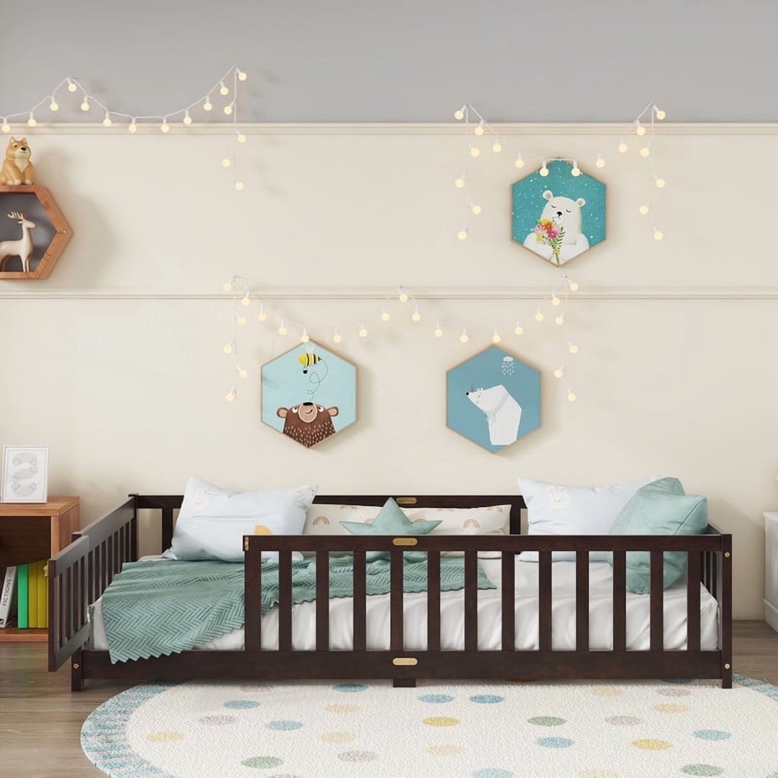 Mirightone Twin Size Floor Bed , Wood Montessori Floor Beds with Fence Railings, Door & Slats Support, Twin Playhouse Bed Frame, (Espresso)