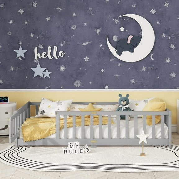 Mirightone Twin Size Floor Bed , Wood Montessori Floor Beds with Fence Railings, Door & Slats Support, Twin Playhouse Bed Frame, (Grey)