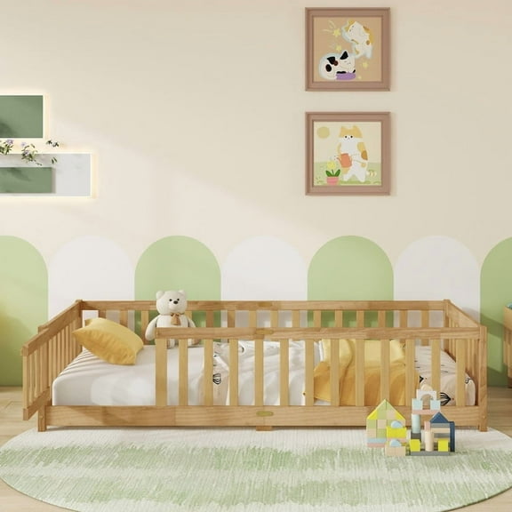 Mirightone Twin Size Floor Bed , Wood Montessori Floor Beds with Fence Railings, Door & Slats Support, Twin Playhouse Bed Frame, (Natural)