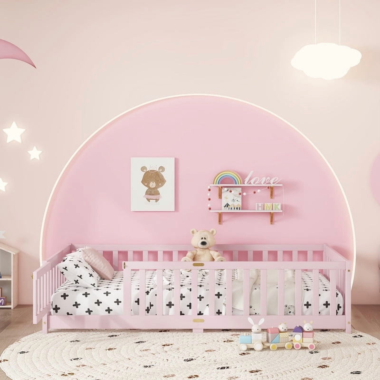Mirightone Twin Size Floor Bed , Wood Montessori Floor Beds with Fence Railings, Door & Slats Support, Twin Playhouse Bed Frame, (Pink)