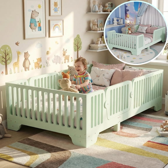 Mirightone Twin Size Floor Bed with Rails and Slats, Twin Size Montessori Beds with Doors, No Box Spring Needed, Mint Green