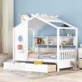 thumbnail image 1 of Mirightone Twin Size House Bed, Twin Bed Frame with Roof, BuiltIn Storage Drawers & Bookshelf, Wooden Playhouse Bed, House-Themed Bed (White), 1 of 11
