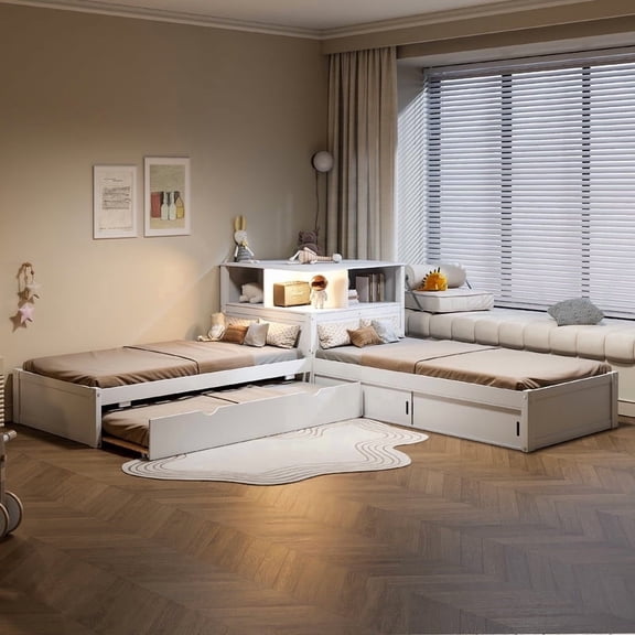 Mirightone Twin Size L-Shaped Platform Bed Frame with Storage Cabinets, Desk and LED Light, Twin L-Shape Corner Bed with Trundle for 3 Teens Adults, White