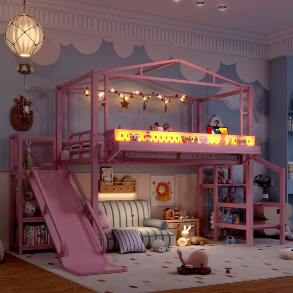 Mirightone Twin Size Loft Bed with Storage Stairs & Built-in Slide, Metal Loft Bed Frame with Charging Station & LED Light, Playhouse Loft Bed, Space-Saving Loft Bed with Shelves & Wardrobe (Pink)