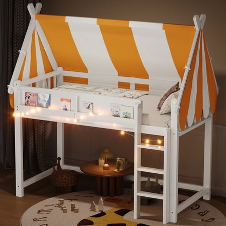Mirightone Twin Size Loft Bed with LED Light & Bookshelf, House Loft Bed Frame, Wood Loft Bed with Canopy, No Box Spring Needed (White)