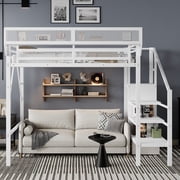Mirightone Twin Size Loft Bed with Stairs, Twin Loft Bed with Storage Shelves and Wardrobe for Teens Adults,White