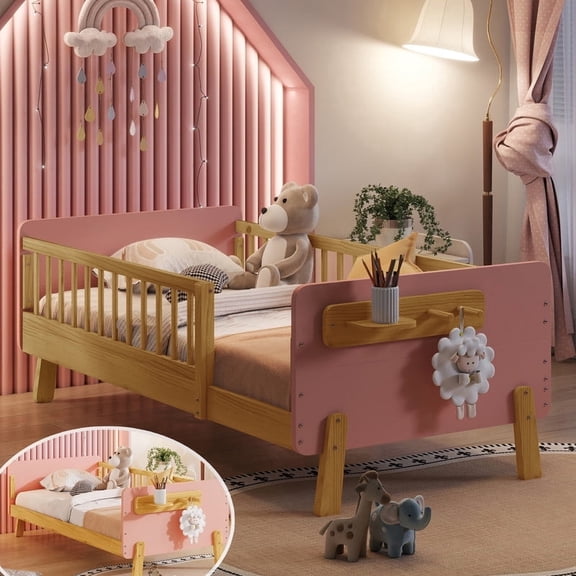 Mirightone Twin Size Montessori Bed with Headboard and Footboard, Wood Twin Bed Frame with Rails for Girls Boys, Pink