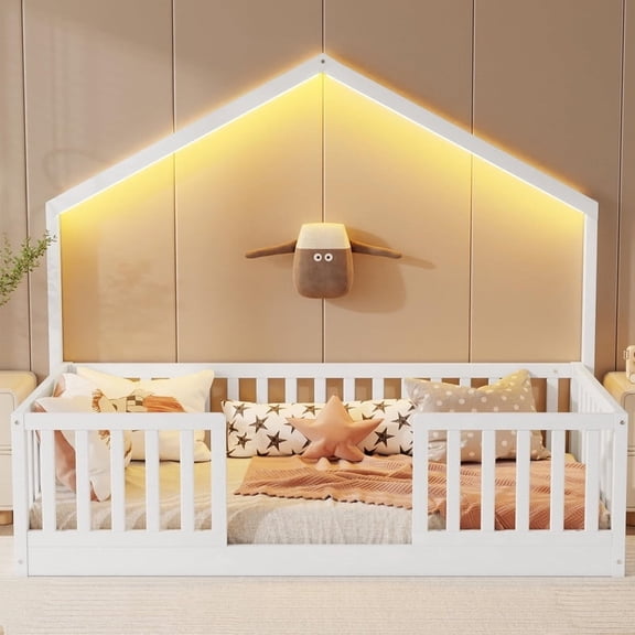 Mirightone Twin Size Montessori Bed with High Rails, Wood House Beds Frame with LED Light, Floor Bed Twin with Slats, White