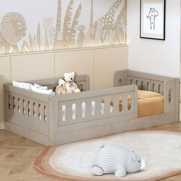 Mirightone Twin Size Montessori Floor Bed, Twin Floor Bed Frame, Dual-Entrance Low Profile Wood Floor Bed, Natural