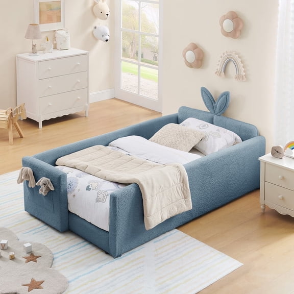 Mirightone Twin Size Platform Bed with Rabbit Ear Shaped Headboard, Twin Bed Frame with Storage Pocket & Safety Rail for Girls Boys, Sky Blue