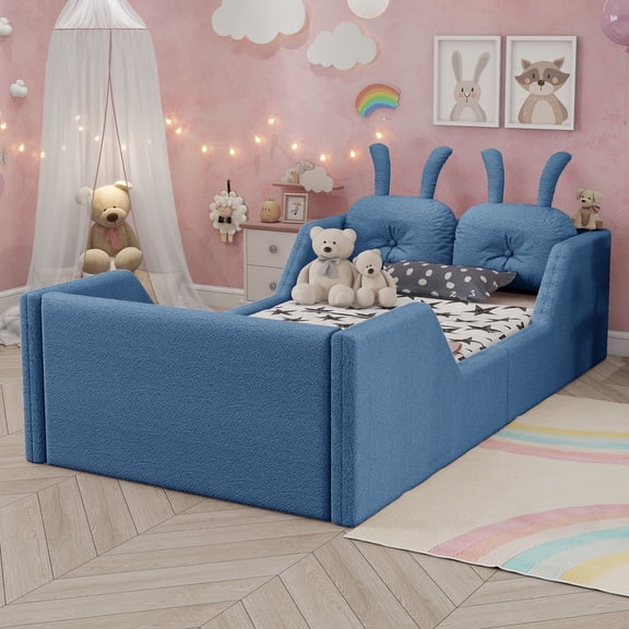 Mirightone Twin Size Teddy Fabric Upholstered Platform Bed, Cute Floor Bed Frame with Detachable Guardrails & Rabbit Back Cushions (Blue)