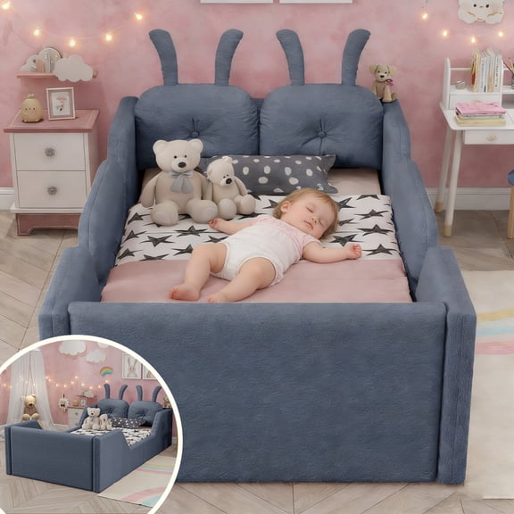 Mirightone Twin Size Teddy Fabric Upholstered Platform Bed, Cute Floor Bed Frame with Detachable Guardrails & Rabbit Back Cushions (Gray)