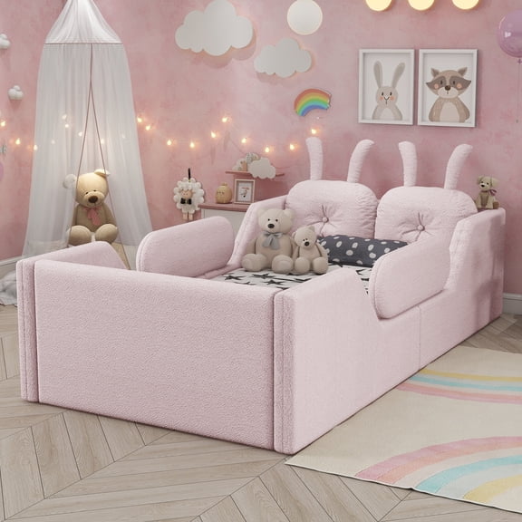 Mirightone Twin Size Teddy Fabric Upholstered Platform Bed, Cute Floor Bed Frame with Detachable Guardrails & Rabbit Back Cushions (Pink)