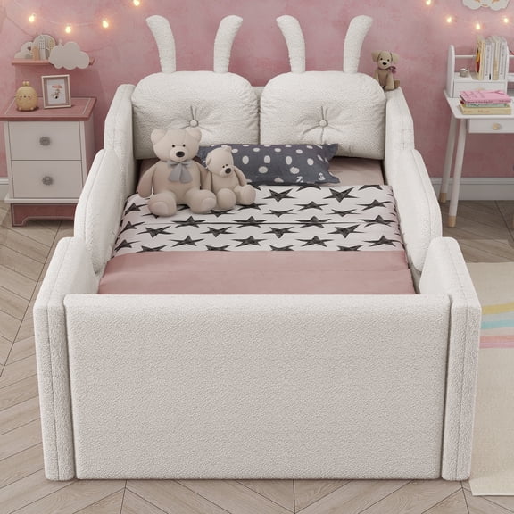 Mirightone Twin Size Teddy Fabric Upholstered Platform Bed, Cute Floor Bed Frame with Detachable Guardrails & Rabbit Back Cushions (White)