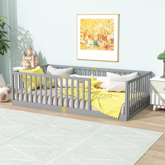 Mirightone Twin Size Wood Montessori Floor Beds with High Fence Railings, Twin Floor Bed with Slats, Twin Playhouse Bed Frame, (Grey)
