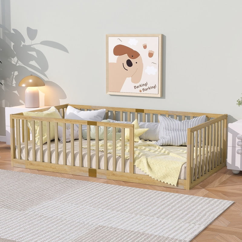 Mirightone Twin Size Wood Montessori Floor Beds with High Fence Railings, Twin Floor Bed with Slats, Twin Playhouse Bed Frame, (Natural&nbsp;)
