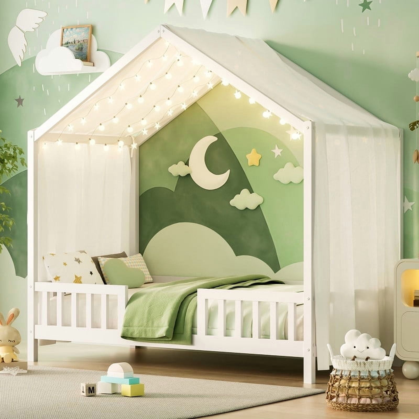Mirightone Twin Toddler Bed Frame with Rails, Montessori Floor Bed, Wood House Twin Canopy Bed Frame, Twin Bed Frame for Girls Boys, White