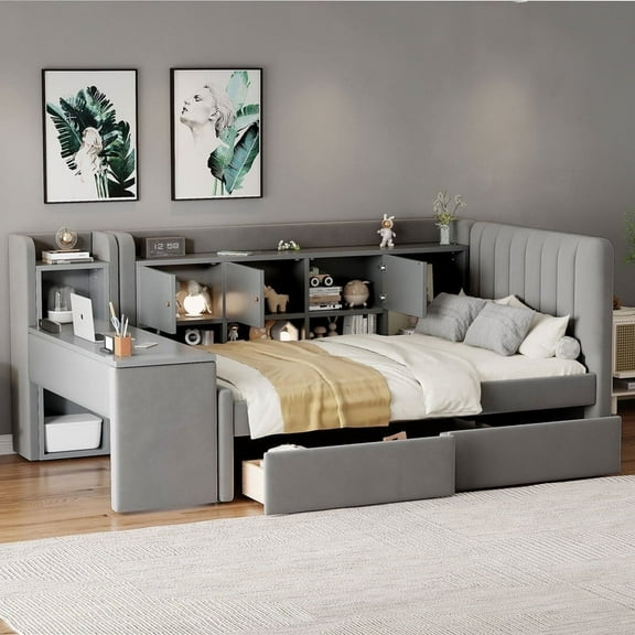 Mirightone Twin Upholstered Daybed with Storage, Daybed Frame with Desk, Daybeds for Adults Teens, Gray