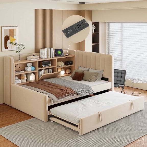 Mirightone Twin Upholstered Daybed with Trundle, Twin Lift up Storage Bed with USB & Outlet for Teens Adults, Beige