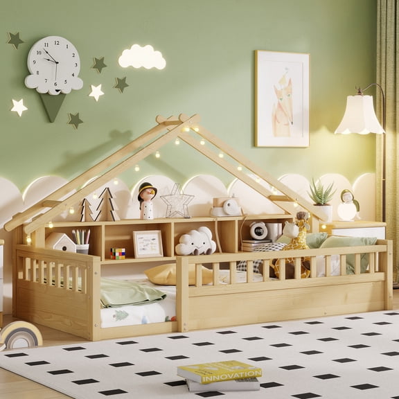 Mirightone Twin XL Size House Style Floor Bed Frame with LED Light and Storage Shelf, Low Profile Wood Bed Frame with Roof Design, Safety Guardrails and Open Shelving for Bedroom, Natural