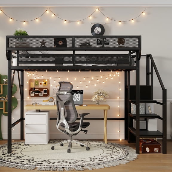 Mirightone Twin XL Size Loft Bed with Stairs, High Metal Twin XL Loft Bed with Storage and Wardrobe for Adults Teens, Black
