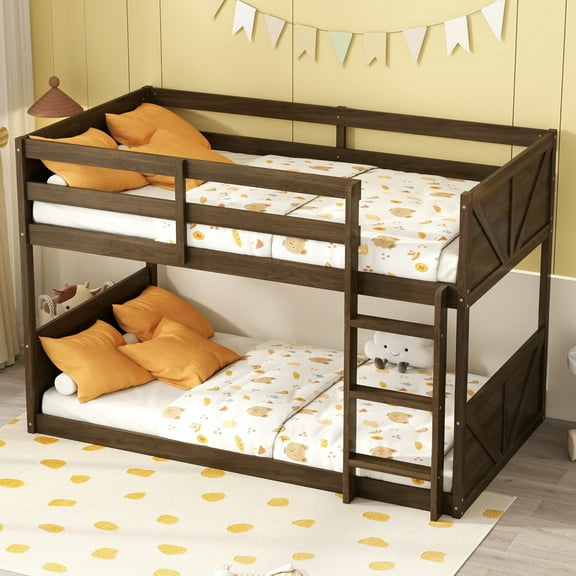 Mirightone Twin over Twin Bunk Bed with Guardrail, Solid Wood Floor Bunk Bed, Rustic Style Low Bunk Bed. No Box Spring Needed (Antique White)