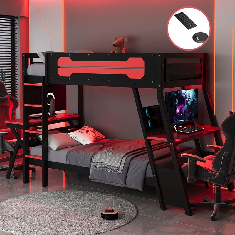 Mirightone Twin over Twin Bunk Bed with Two Gaming Desks, Adult Gaming ...