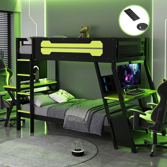 Mirightone Twin over Twin Bunk Bed with Two Gaming Desks, Gaming Bunk Bed with USB Ports & Pegboard, Twin Gaming Bunk Frame for Gamer, Green