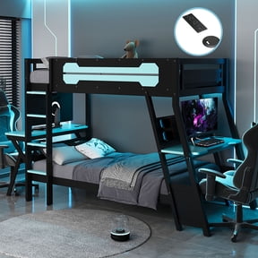 Mirightone Twin over Twin Bunk Bed with Two Gaming Desks, Gaming Bunk Frame with Pegboard, Twin Bunk Bed for Gamer Adult, Cloud Blue