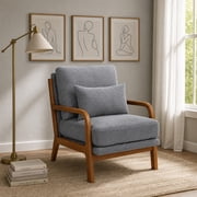 Mirightone Upholstered Accent Chair with Solid Wood Armrests, Mid Century Modern Lounge Chair with Lumbar Pillow, Corduroy Reading Chair for Living Room Bedroom Light Gray