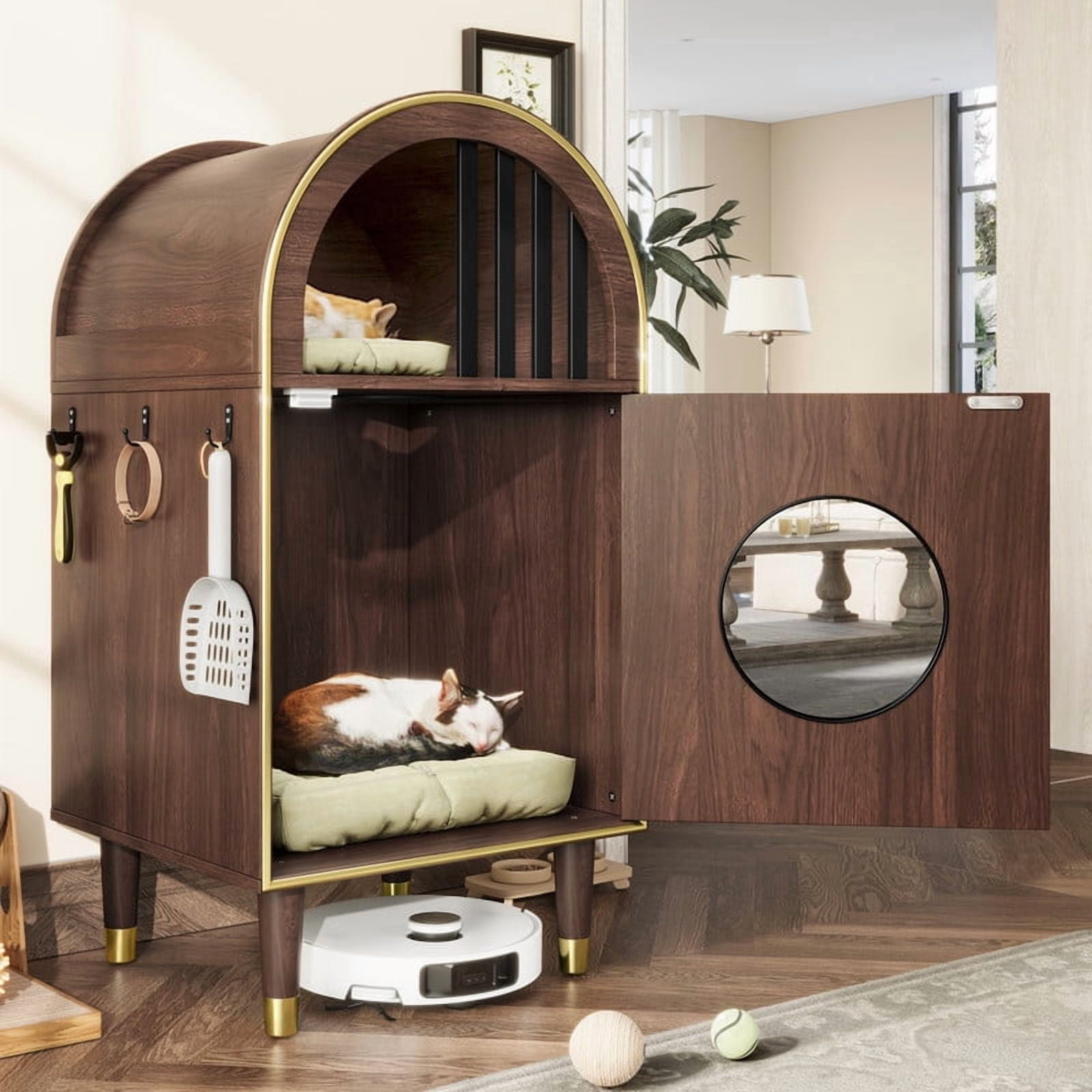 Mirightone Wood Cat Litter Box Enclosure Furniture for 2 Cats, 2-in-1 Hidden Litter Box Cabinet with 2-Level Cozy Cat Bed, Cat House Shelter for Living Room & Bedroom, Espresso