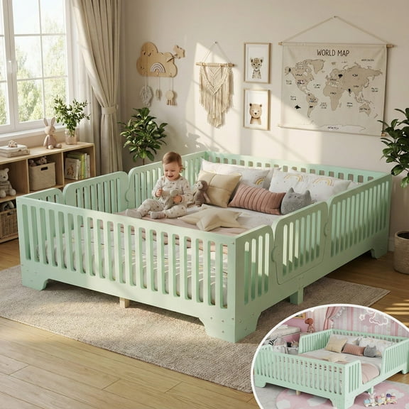Mirightone Wood Full Floor Bed Frame with Rails and Doors, Full Size Montessori Beds with Slats, No Box Spring Needed, Mint Green