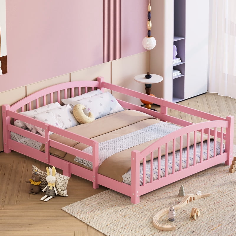Mirightone Wood Full Floor Bed with Safety Guardrails, Full Montessori Bed Frame with Slats, No Box Spring Needed - Pink