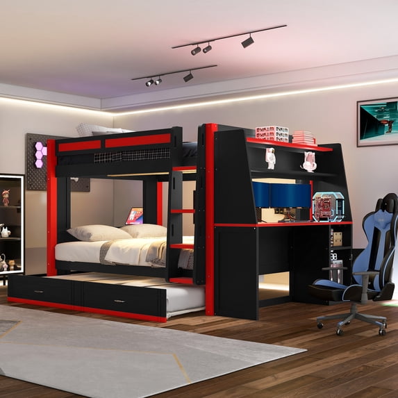 Mirightone Wood Full over Full Gaming Bunk Bed with Desk and LED light, Bunk Bed with Trundle and Storage, Bunk Trundle Bed for Gamer Adults Teens, Red+Black