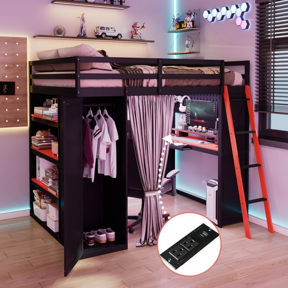 Mirightone Wood Full Size Gaming Loft Bed with Desk and Storage, Gaming Loft Bed Full with LED Light and Blackout Curtains for Teens Adults – (Black + Red)