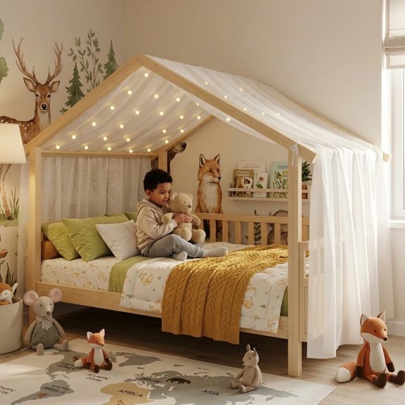 Mirightone Wood Full Size Low Profile with Rails, Full Canopy House Bed with Removable Tent - Natural