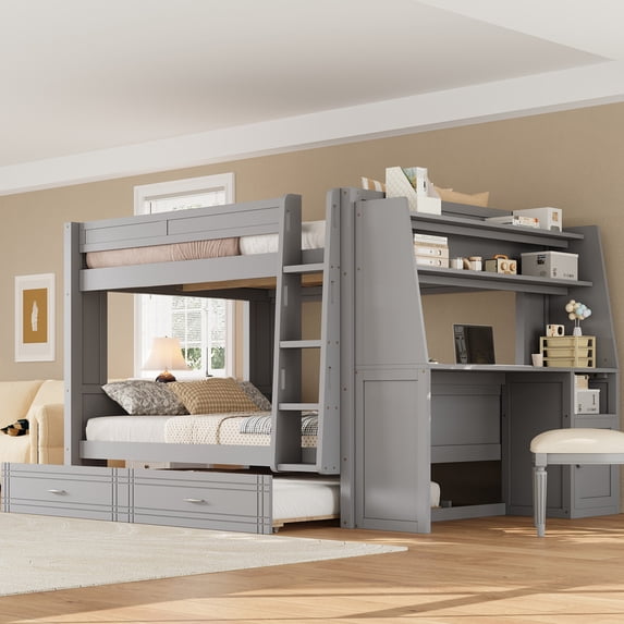 Mirightone Wood Full over Full Bunk Bed with Desk and Trundle, Bunk Bed with Storage Bookshelves, Full Size Bunk Bed for Teens Adults, Gray