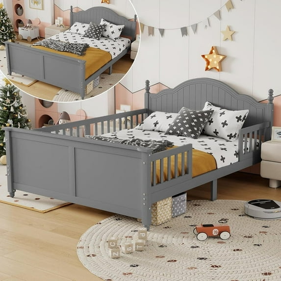 Mirightone Wood Platform Bed with Headboard and Footboard, Wood Twin Size Bed Frame with Detachable Rails, Gray