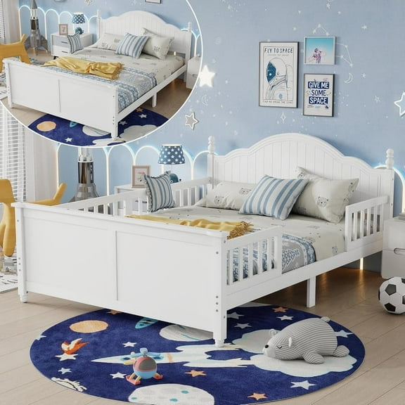 Mirightone Wood Platform Bed with Headboard and Footboard,Wood Full Size Bed Frame with Detachable Rails, White
