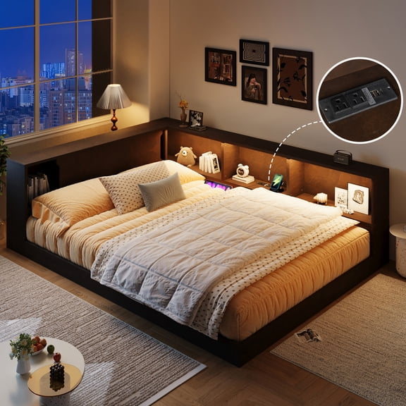 Mirightone Wood Queen Corner Bed Frame with Storage Shelves, Queen Floor Bed Daybed with USB and LED for Adults Teens, Brown
