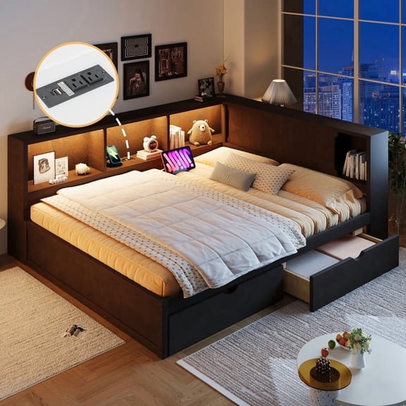 Mirightone Wood Queen Daybed with Storage Drawers, Corner Bed Frame with Interchangeable Headboard, LED Light & Charging for Adults Teens, Brown