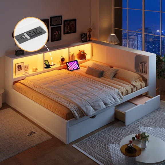 Mirightone Wood Queen Size Daybed with Storage Drawers and Shelves, Corner Bed Frame with Interchangeable Headboard, Light & Charging for Adults Teens, White