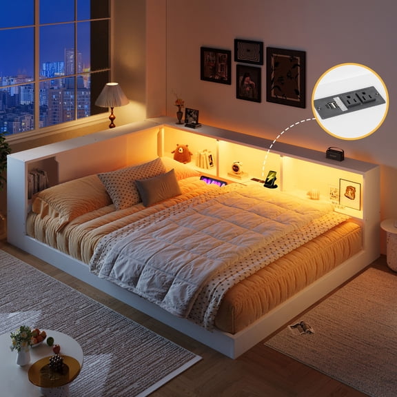 Mirightone Wood Queen Size Floor Corner Bed with Storage Shelves, Queen Floor Bed Daybed with USB and LED for Adults Teens, White