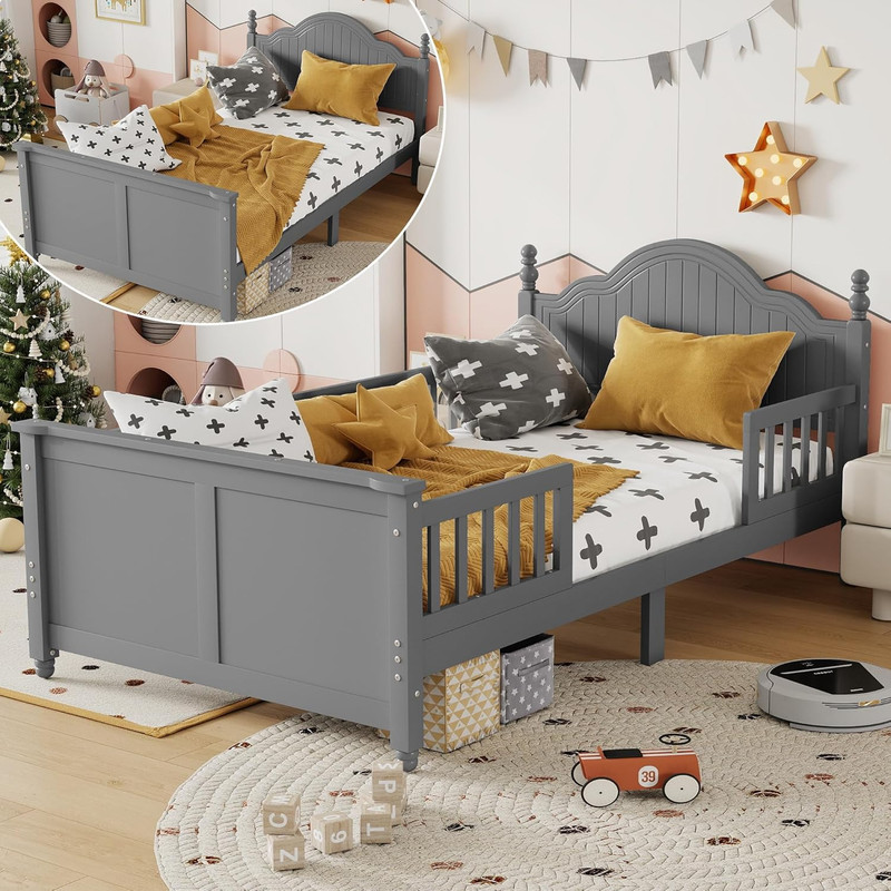 Mirightone Wood Twin Size Bed Frame with Detachable Rails,&nbsp;Low Platform Bed with Headboard and Footboard, Gray
